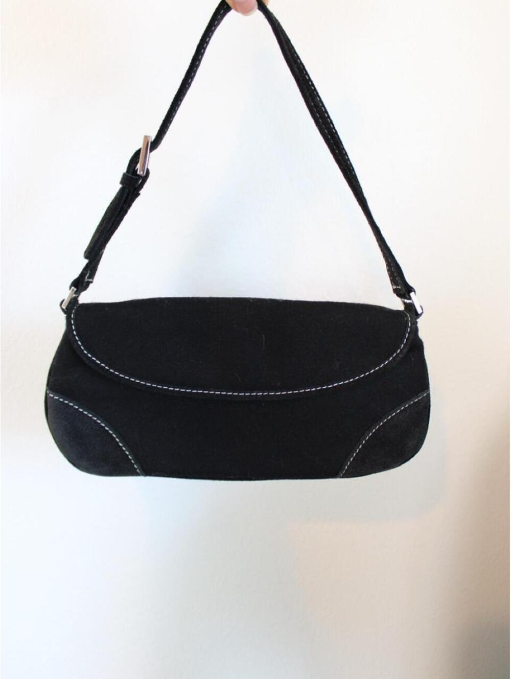 Vintage Black suede shoulder bag with white stitching